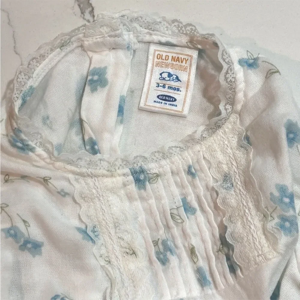 Old Navy | Vintage Girls White Floral Long Sleeve Blouse Blue Denim Jean…